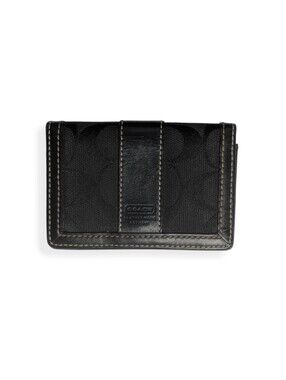 Coach Wallet Card Case Black Signature C Canvas Leather Compact Mini ID Holder